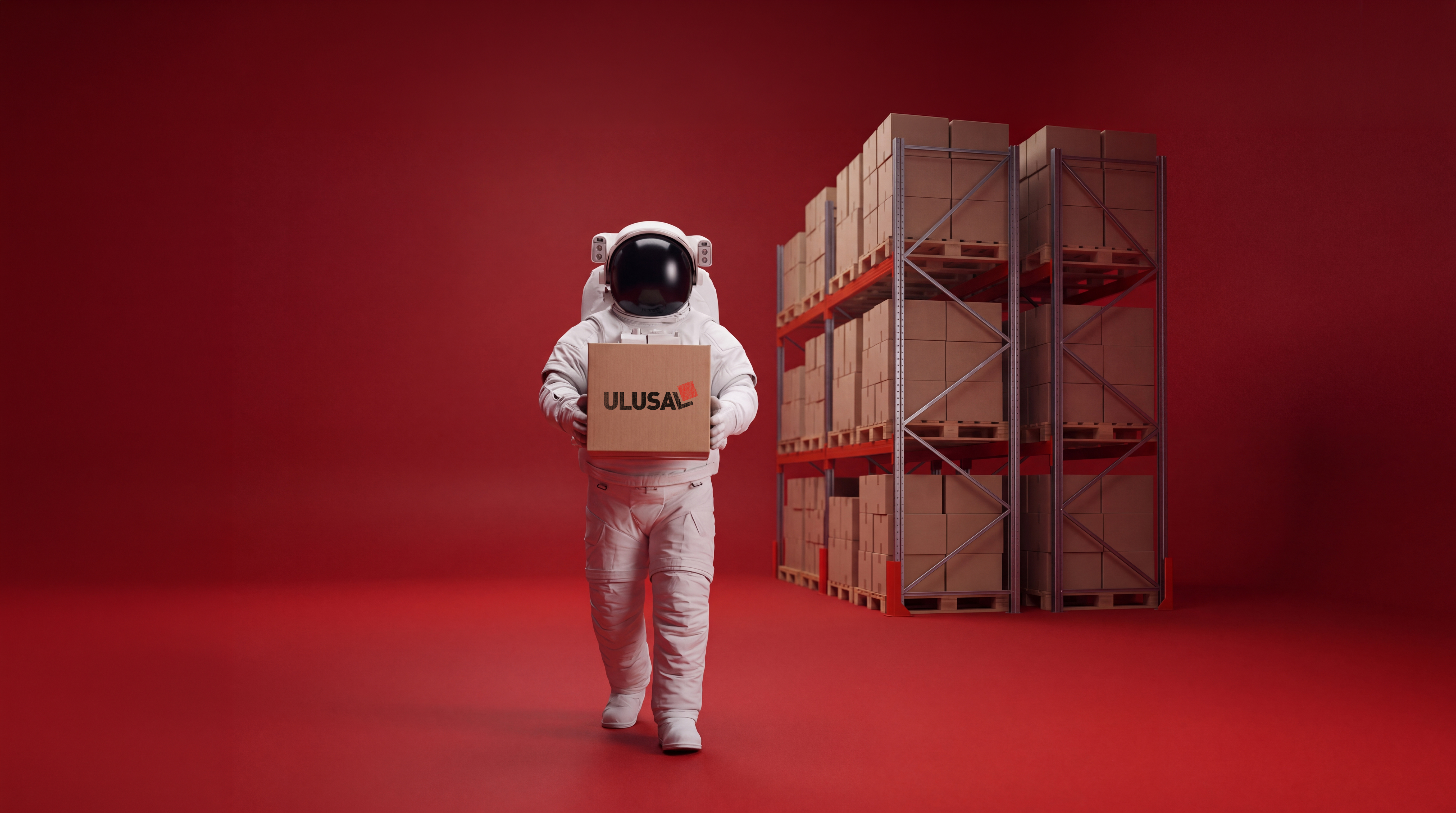 Depoda koli taşıyan astronot: geleceğin lojistiğini temsil eden görsel